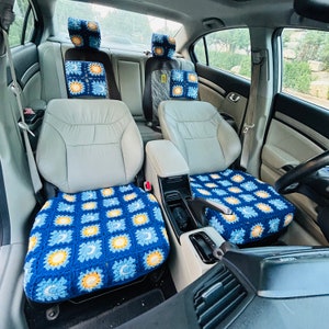 Set di decorazioni per auto all'uncinetto, Coprivolante con stella e luna all'uncinetto, Copri cintura di sicurezza, Copri poggiatesta Copri sedili per auto all'uncinetto
