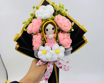 Handmade Crochet Rose Bouquet with Virgin Mary Doll, Pink Red White Roses, Religious Gift, Knitted Flower Bouquet