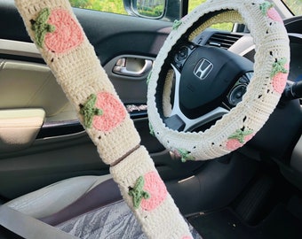 Steering Wheel Cover for women, Crochet Cute kawaii Pink Strawberry flower seat belt Cover, Car Accessories decorations