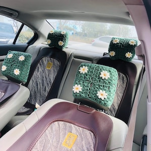 Copripoggiatesta, Coprivolante, Copripoggiatesta per seggiolino auto con margherita verde all&#39;uncinetto, Copricintura di sicurezza per donna