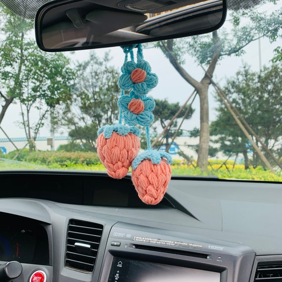 2 Pcs Cute Strawberry Kawaii Flower Car Mirror Hanging Charm Decor