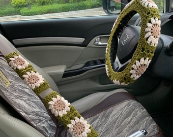 Handmade Steering Wheel Cover for women, Crochet cute daisy flower seat belt Cover, kawaii Car interior Accessories decorations