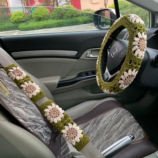 Handmade Steering Wheel Cover for women, Crochet cute daisy flower seat belt Cover, kawaii Car interior Accessories decorations