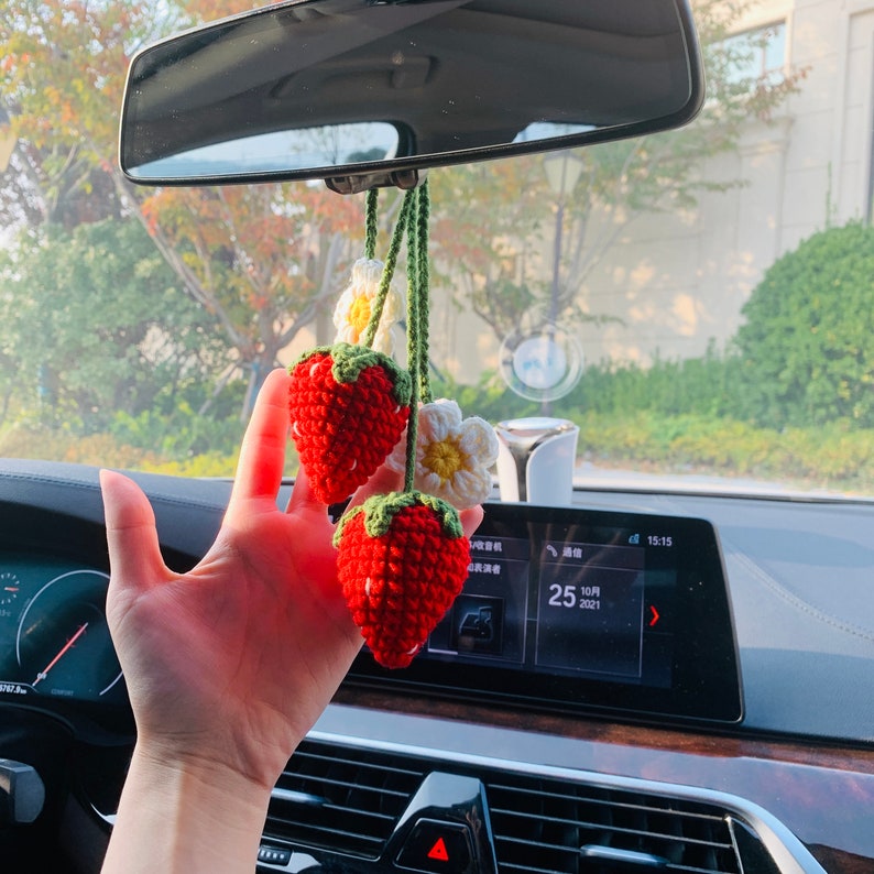 Cute Strawberry Flower Car Accessories Mirror Hanging Charm Etsy