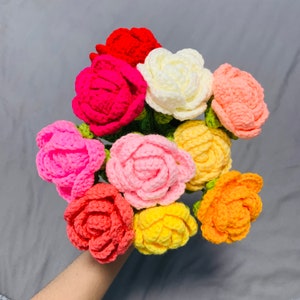 Crochet flowers Rose flower ornaments, Handmade knitted Flower Bouquet A bunch of flower Anniversary Home Decor Valentine's Gift for her image 6