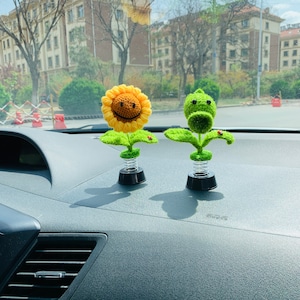 Crochet sunflower Car Accessories smiley face cute pea shooter flower shaking head Dashboard Decor for women Home decor Gift