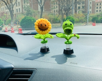 Girasol de ganchillo, accesorios para coche, cara sonriente, linda flor de tirador de guisantes, cabeza que mueve, decoración para tablero de instrumentos para mujeres, decoración del hogar, regalo