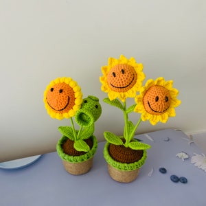手編みのスマイリーフェイス、ひまわり、ピーシューター、鉢植えの飾り、トゥルヌソルの花、ギフト、編みぐるみ、工芸品、手工芸品、家の装飾