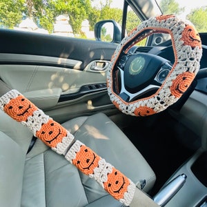 Steering Wheel Cover for women, Crochet cute Halloween Pumpkin flower seat belt Cover, Car Accessories decorations