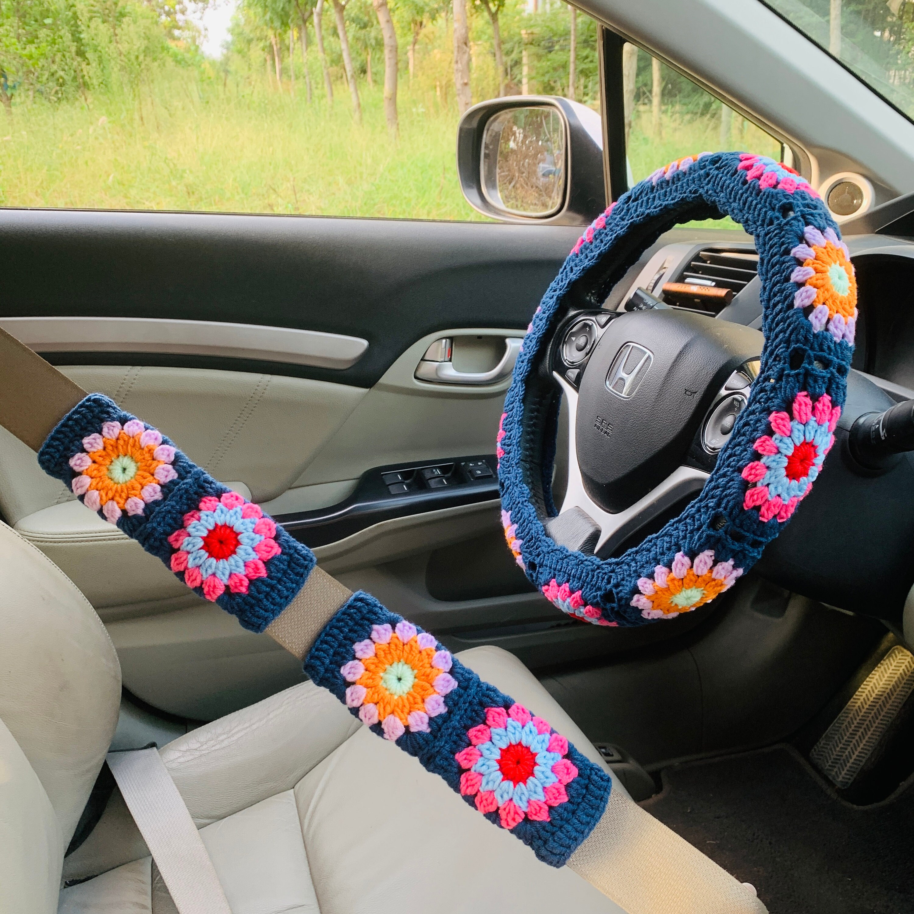Retro Flower Daisy Steering Wheel Cover w/ Grip Liner Fits 14 14.5 15  Cloth