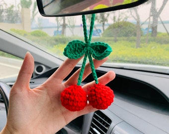 Cute Cherry Crochet Car Mirror Hanging Accessories for Women Teens Interior Rear View Mirror animal Charm Decor