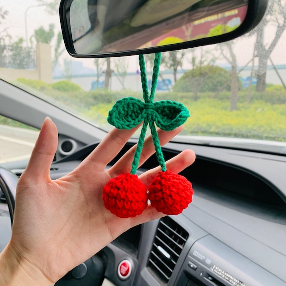Cute Cherry Crochet Car Mirror Hanging Accessories for Women Teens Interior Rear  View Mirror Animal Charm Decor 