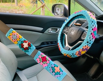 Steering Wheel Cover for women, Crochet rainbow flower seat belt Cover, Car Accessories decorations Gift for her