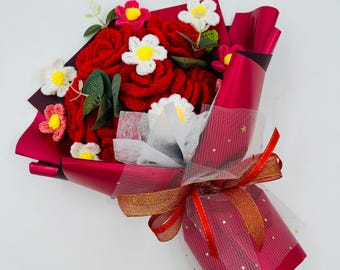 Handmade Crochet flowers,  red rose flower ornaments, cute A bunch of flower Anniversary bouquet Gift for her flower ornaments