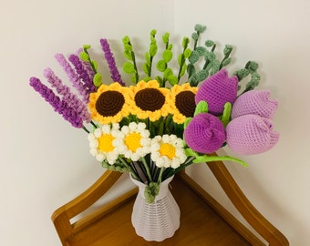 Crochet flowers,  Lavender Eucalyptus tulips sunflower daisy flower ornaments,  A bunch of flower Anniversary bouquet Gift for her