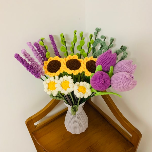 Crochet flowers,  Lavender Eucalyptus tulips sunflower daisy flower ornaments,  A bunch of flower Anniversary bouquet Gift for her