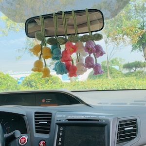 Handmade Cute Car Mirror Hanging Lily of the valley flower Interior Rear View Mirror Flower Car Accessories Crochet Toy for Women