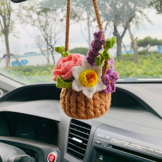 Cute Potted Plant Crochet Hanging Basket, Boho Basket Knitted Rear View Car  Mirror Hanging Accessories, Funny Wool Crochet Plant