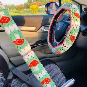 Funda de volante para mujer, funda de cinturón de seguridad tejida a crochet con forma de hongo, accesorios decorativos para coche.