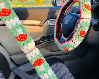 Steering Wheel Cover for women, Crochet cute mushroom flower seat belt Cover, Car Accessories decorations