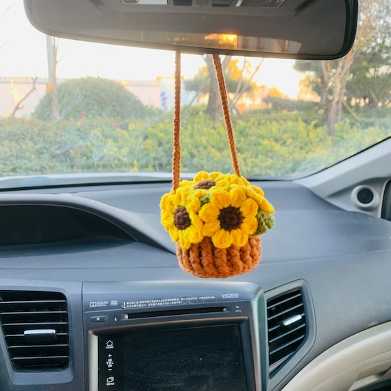 Crochet Cute Sunflower Basket Kawaii Car Mirror Hanging Charm Fruit Decor  Teens Interior Rear View Mirror Car Accessories for Women 