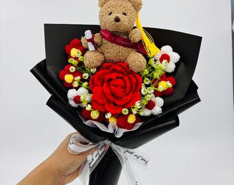 Handmade Crochet Graduation Bouquet with Bear Doctor, Rose Puff Flowers, Cute Graduation Gift, Knitted Flower Bouquet