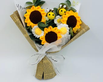 Crochet Sunflower Bee Daisy Cow Banquet, handmade Flower for Mother, Friend Thanksgiving Wedding  Bridal Flowers, Graduation Fake Flower