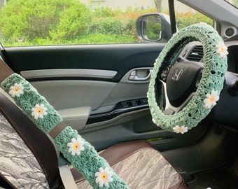 Handmade crochet Steering Wheel Cover for women, cute daisy flower seat belt Cover, Car interior Accessories decorations