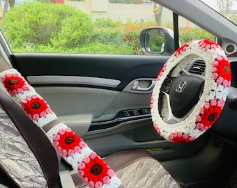 Steering Wheel Cover for women, handmade Crochet cute daisy flower seat belt Cover, Car interior Accessories decorations
