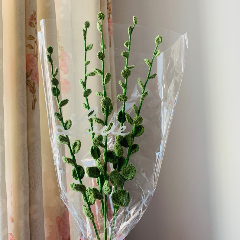 May include: A bouquet of green crocheted flowers in a clear plastic wrap. The flowers are arranged in a fan shape and have a delicate, leafy appearance.
