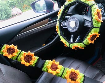 Handmade Sunflower Steering Wheel Cover Car interior Crochet seat belt Cover, crochet Car Accessories decorations for women