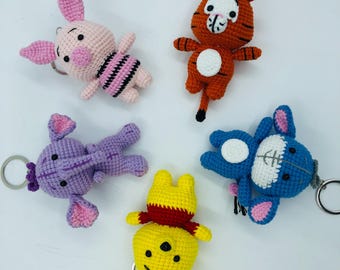Crochet Winnie the Pooh set，Pooh and tiger piglet Eeyore handmade cute Amigurumi doll Gift toy keychain