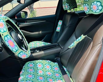 Crochet galsang Green Headrest Covers, seat cover Steering Wheel Cover, Handmade Car Seat Covers ,Seatbelt cover Car interior For Women
