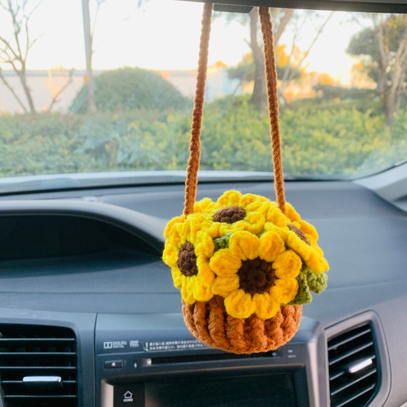 Crochet Cute Sunflower Basket Kawaii Car Mirror Hanging Charm Fruit Decor  Teens Interior Rear View Mirror Car Accessories for Women 