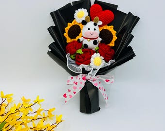 Crochet Sunflower Rose Daisy Cow Banquet, handmade Flower for Mother, Friend Thanksgiving Wedding  Bridal Flowers, Graduation Fake Flower