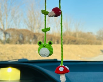Cute Swing frog mushroom Crochet Car Mirror Hanging Accessories for Women Teens Interior Rear View Mirror animal Charm Decor