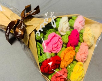 Gehaakte bloemen Rozenbloemornamenten, handgemaakt gebreid bloemboeket Een bos bloemen Jubileum Woondecoratie Valentijnsdagcadeau voor haar