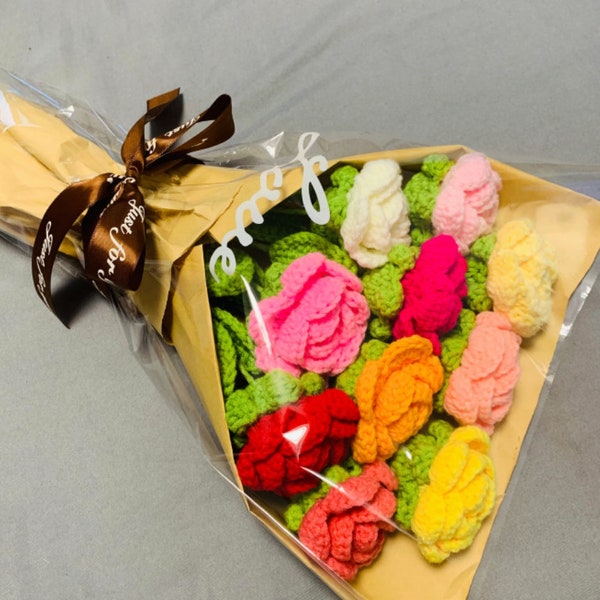 Gehaakte bloemen Roze bloemornamenten, Handgemaakt gebreid bloemboeket Een bos bloemen Jubileumdecoratie Valentijnsdag Valentijnsdagcadeau voor haar