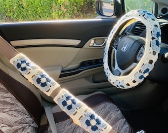 Handmade crochet Steering Wheel Cover for women, cute butterfly orchid flower seat belt Cover, Car coaster interior Accessories decorations