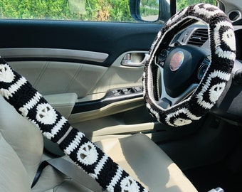 Handmade Steering Wheel Cover Black Skull Crochet seat belt Cover, crochet Car Accessories decorations for women