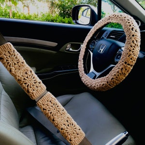 Steering Wheel Cover for women, Crochet khaki flower seat belt Cover, Car Accessories decorations