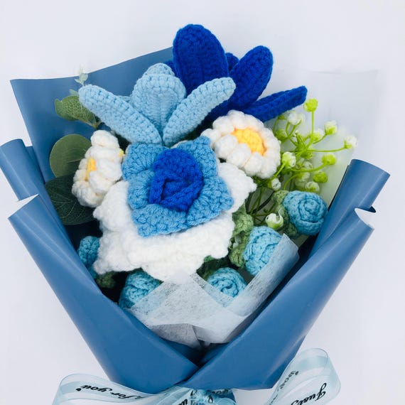 Crochet Flowers, Blue Rose Tulip Flower Ornaments, Cute A Bunch of