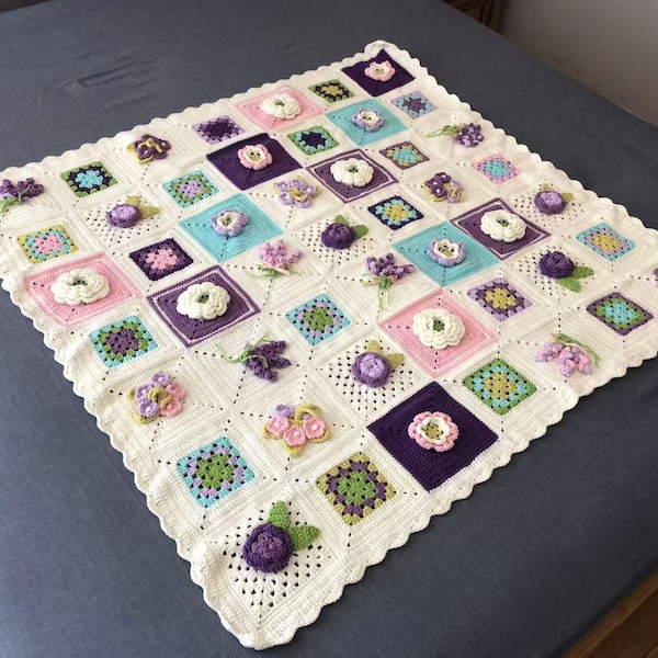 Crochet Blanket, handmade Flower Granny Square Bedspread Throw, Knitted sofa blanket, large crochet blanket, vintage blanket, retro blanket