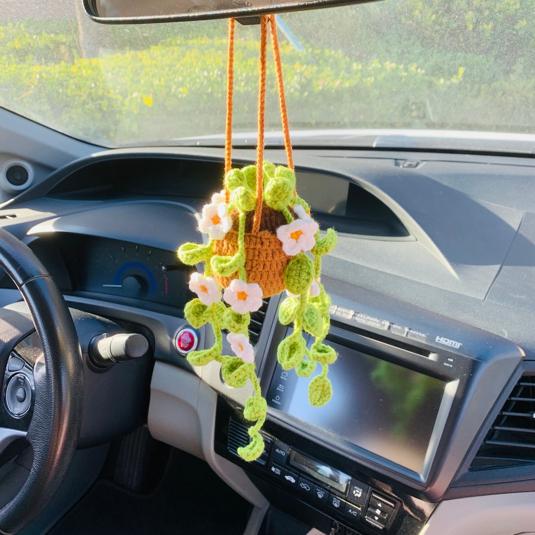 Crochet Car Accessories, Cute Potted Flower Crochet Car Mirror Hang  Accessories, Hang Rose Sunflower Daisy Car Ornament Rear View Mirror  Accessories