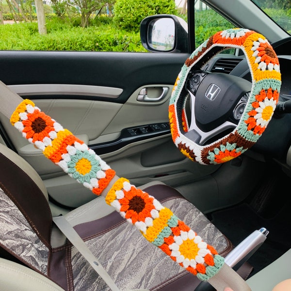 Steering Wheel Cover for women, Crochet cute rainbow flower seat belt Cover, Car Accessories decorations car Interior decor