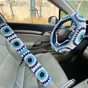 ステアリングホイールカバー かぎ針編み ブルーアイズ シートベルトカバー、女性用カーアクセサリー装飾