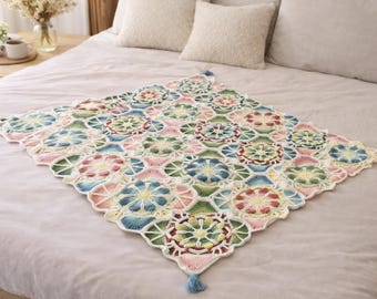 Handmade Crochet Mosaic Blanket, Geometric Floral Patchwork Throw, 100 x 100 cm Custom Crochet Blanket, Unique Home Decor
