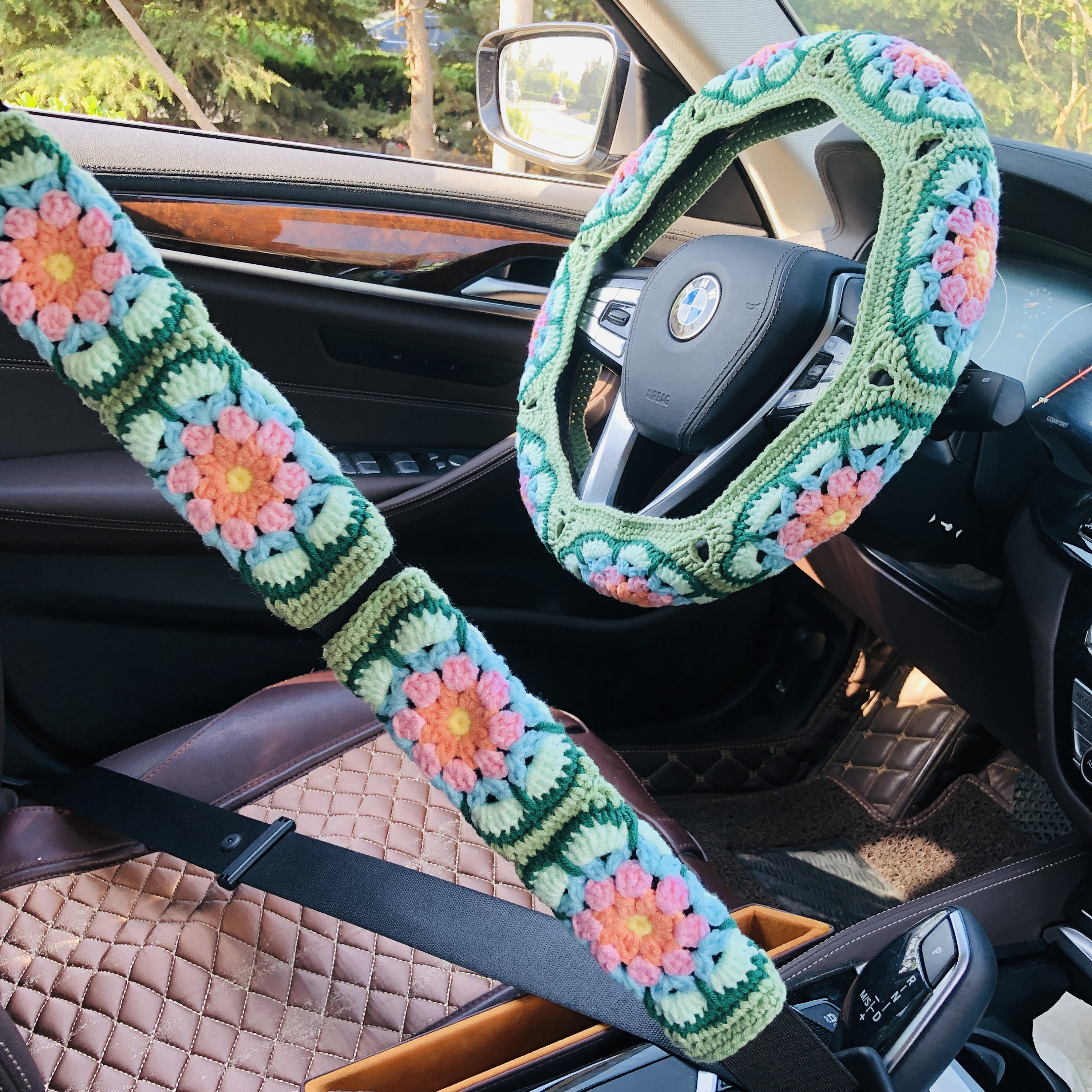 Lenkradbezug für Frauen, Grüne Galsang Blume Vantage Blume Gehäkelter süßer Sicherheitsgurtbezug, Autozubehör Dekoration