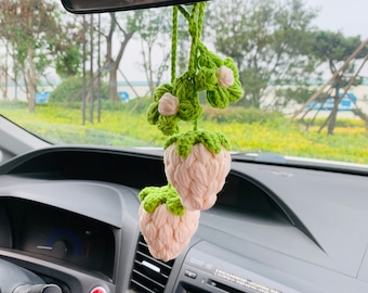 2 pcs Cute Strawberry kawaii  Car Mirror Hanging Charm Fruit Decor Teens Interior Rear View Mirror Flower car Accessories for Women