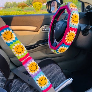 Steering Wheel Cover for women, Crochet cute kawaii Strawberry flower seat belt Cover, Car Accessories decorations